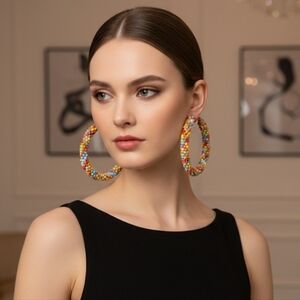 Handcrafted Hoop Earrings with Multicolor Beads, Handmade Earrings. Length 6 cm